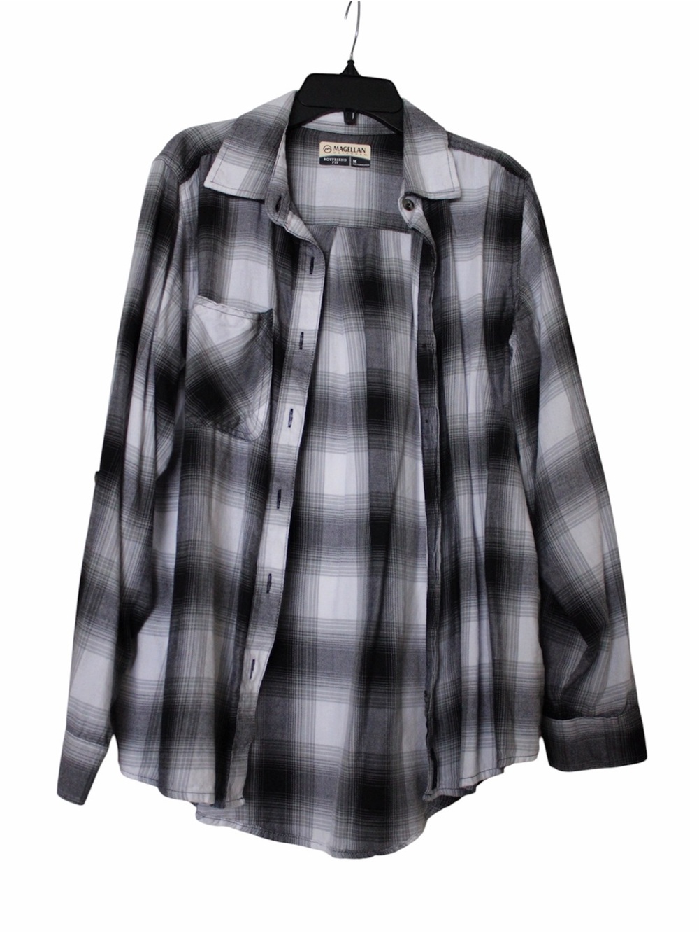 Women’s Magellan Outdoors Boyfriend Fit Plaid Button Down Shirt Gray Black White